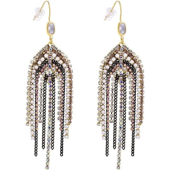 Jewelry - Boho Fringe Tassel Earrings for Women, Beaded CZ Pearl Dangle Wedding Jewelry